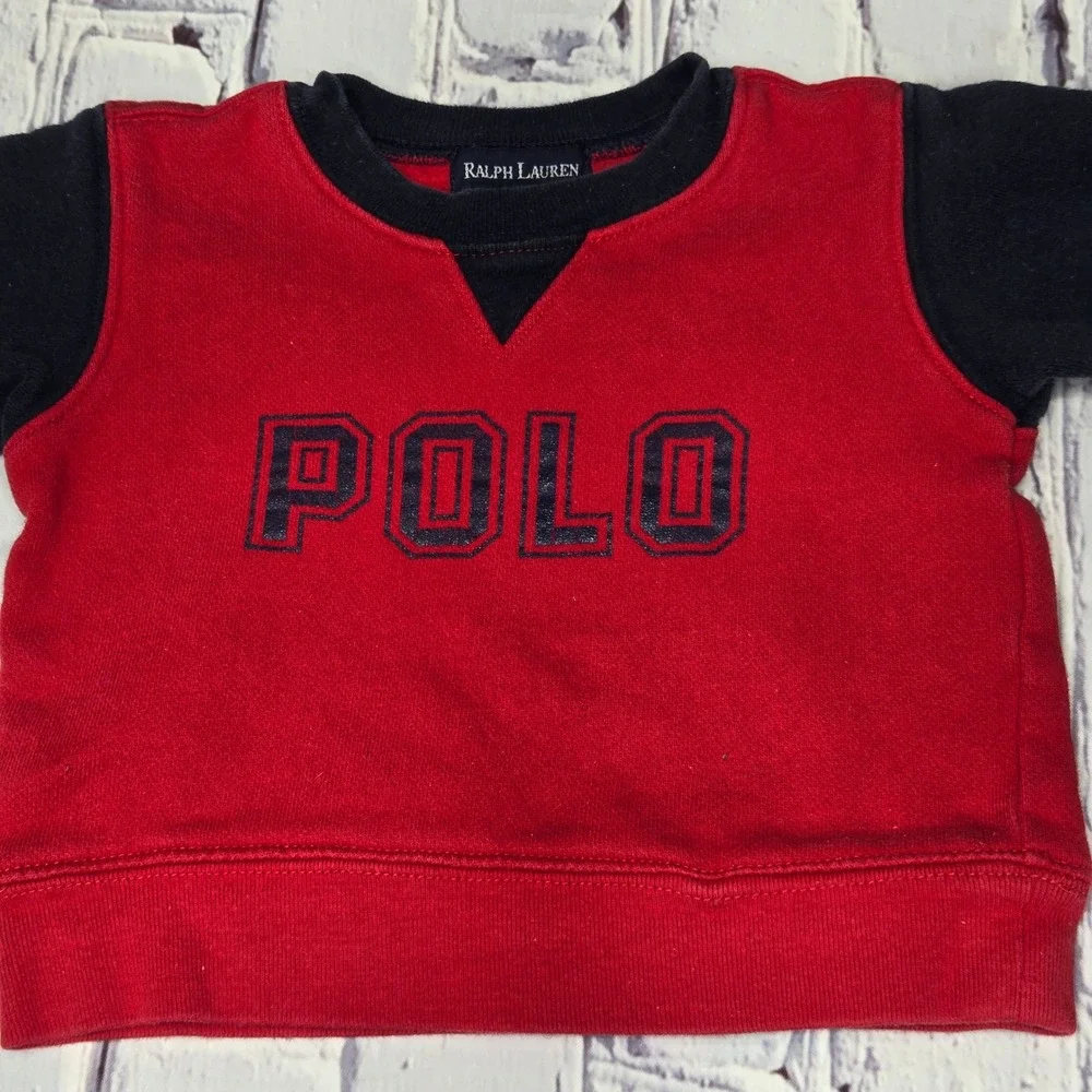 Vintage Y2K Ralph Lauren Baby Red Navy Blue Polo Sweatshirt 3-6M Cotton Blend